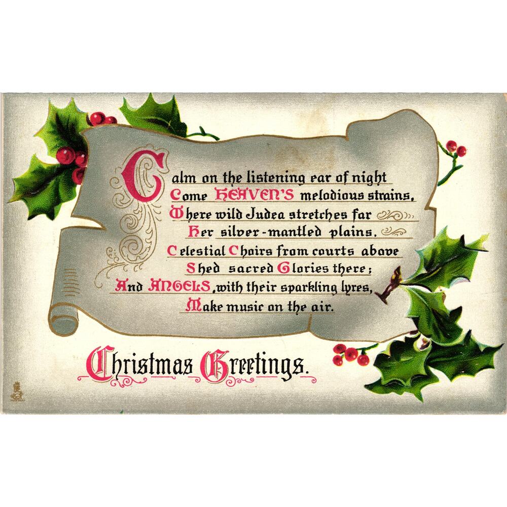 Vintage Tucks Christmas Hymn Postcard Angels Scroll‎ Holly Religious Verse